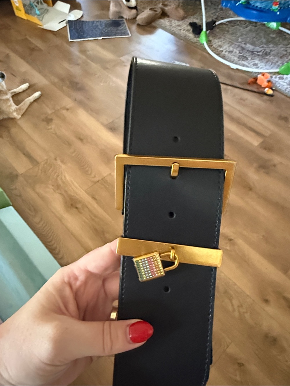 Kurt Geiger Black Leather Women’s Belt with Gold Hardware and Accent Charm
